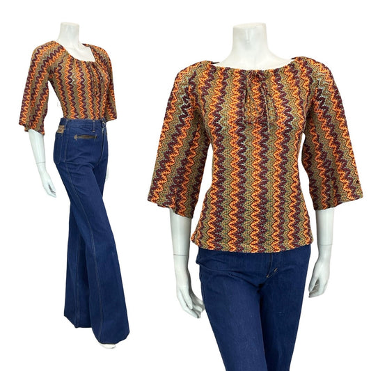 VTG 70S BROWN YELLOW RED OEANGE PURPLE ZIGZAG PSYCHEDELIC BELL SLEEVE TOP 10