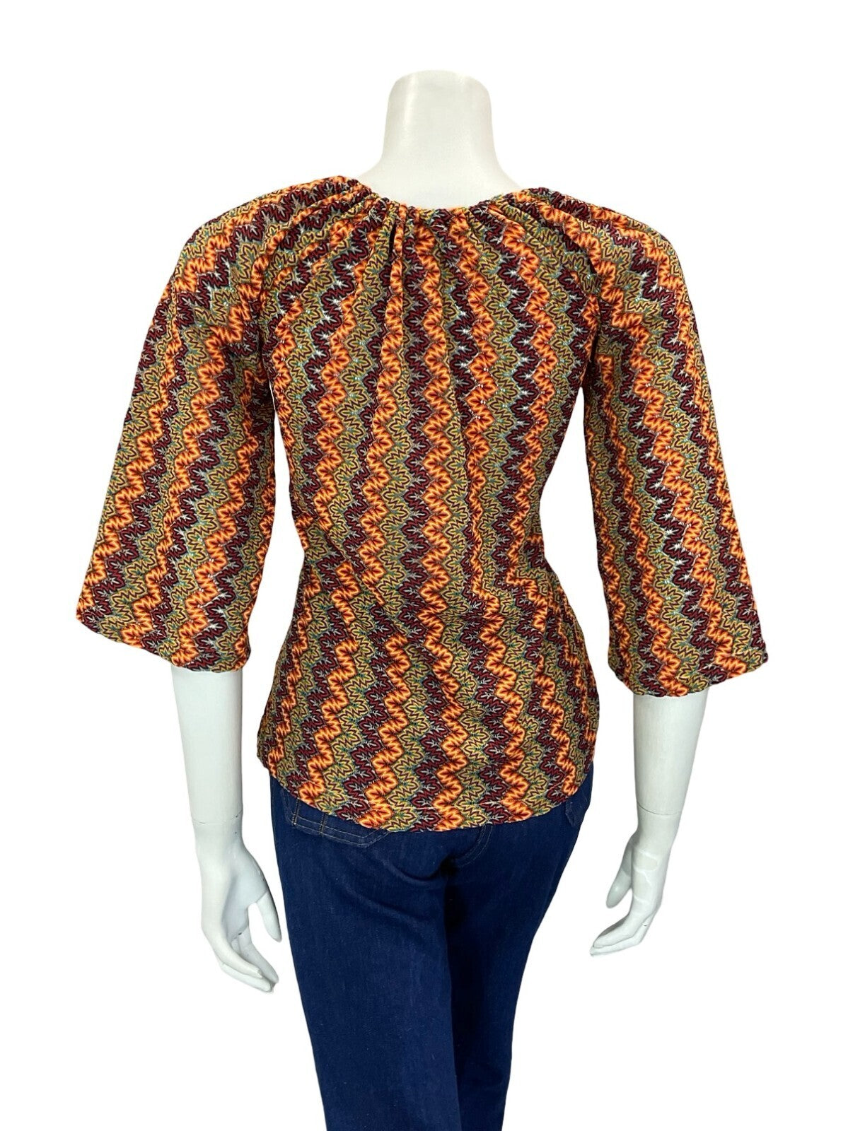 VTG 70S BROWN YELLOW RED OEANGE PURPLE ZIGZAG PSYCHEDELIC BELL SLEEVE TOP 10