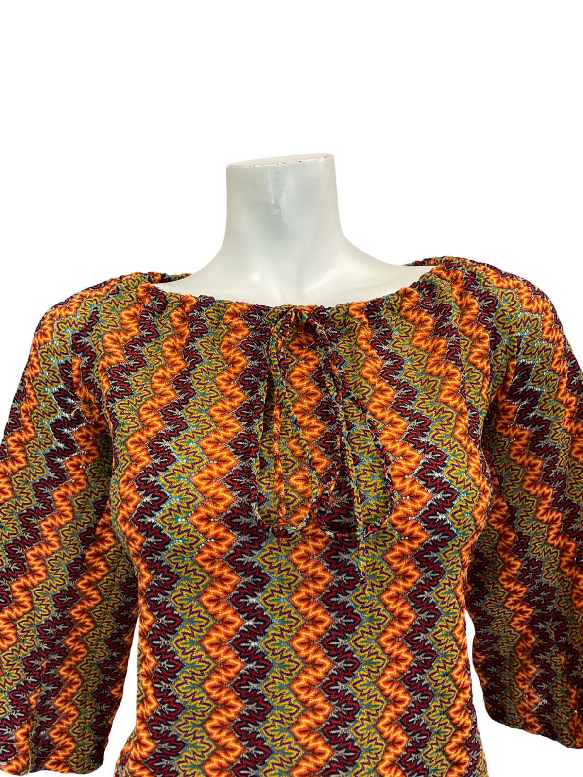 VTG 70S BROWN YELLOW RED OEANGE PURPLE ZIGZAG PSYCHEDELIC BELL SLEEVE TOP 10