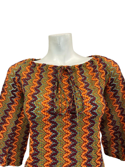 VTG 70S BROWN YELLOW RED OEANGE PURPLE ZIGZAG PSYCHEDELIC BELL SLEEVE TOP 10