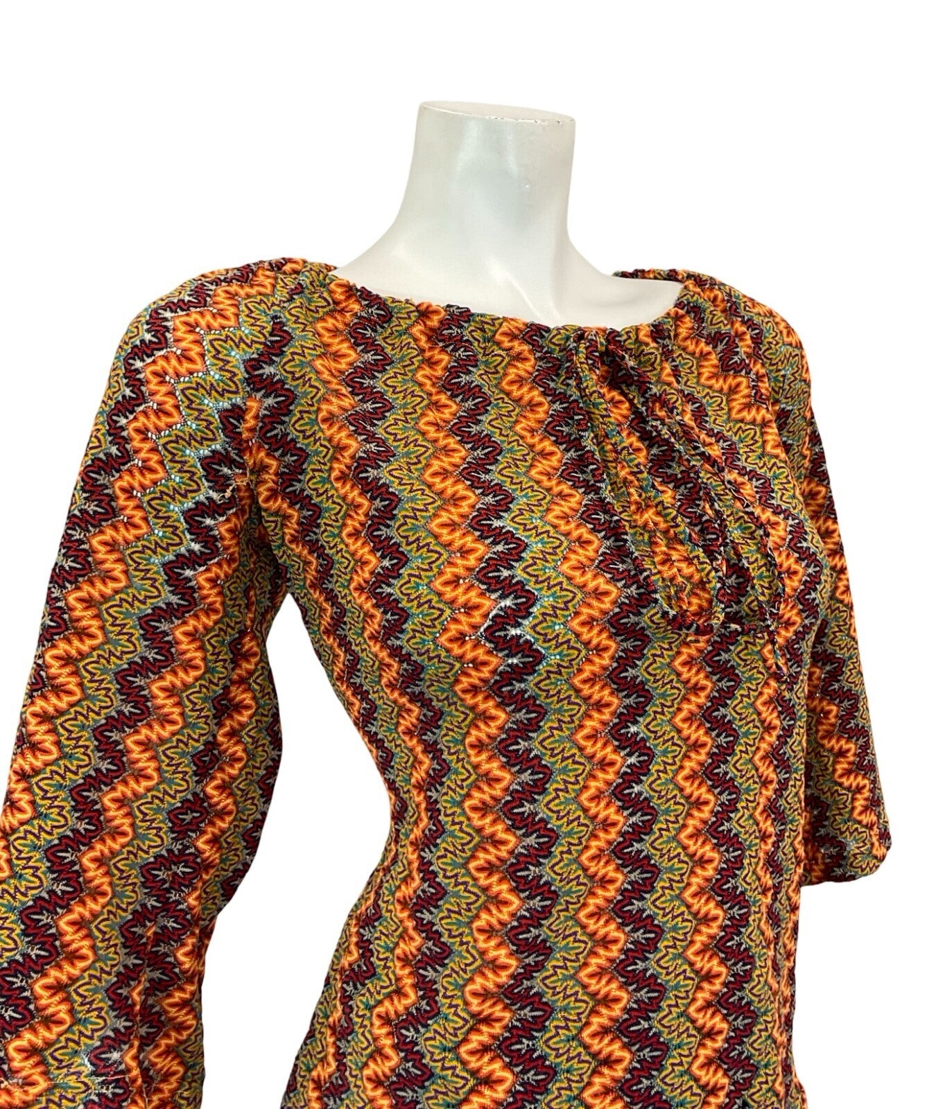 VTG 70S BROWN YELLOW RED OEANGE PURPLE ZIGZAG PSYCHEDELIC BELL SLEEVE TOP 10