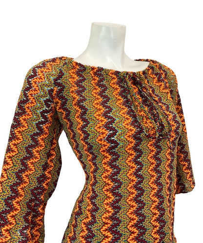 VTG 70S BROWN YELLOW RED OEANGE PURPLE ZIGZAG PSYCHEDELIC BELL SLEEVE TOP 10