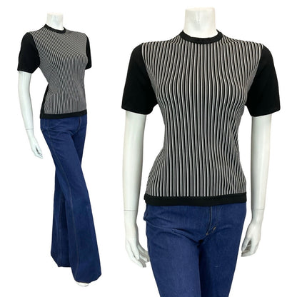 VTG 70S BLACK WHITE GEOMETRIC VERTICAL STRIPED SPORTY SHORT SLEEVE TOP S 8 10