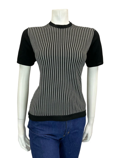 VTG 70S BLACK WHITE GEOMETRIC VERTICAL STRIPED SPORTY SHORT SLEEVE TOP S 8 10