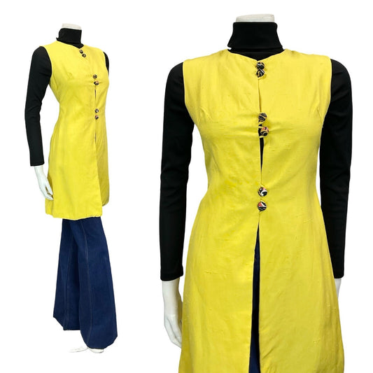 VTG 60S 70S BOHO HIPPY PSYCHEDELIC YELLOW BUTTON DOWN LONG WAISTCOAT XS 6