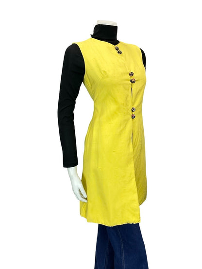 VTG 60S 70S BOHO HIPPY PSYCHEDELIC YELLOW BUTTON DOWN LONG WAISTCOAT XS 6
