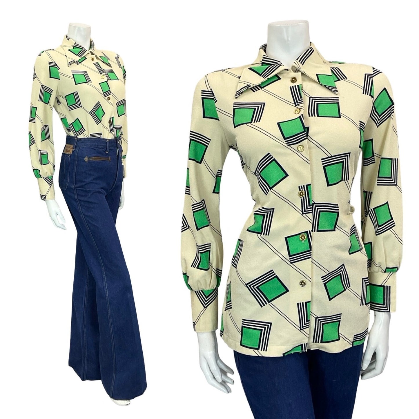 VTG 60S 70S CREAM GREEN BLUE GEOMETRIC SQUARE LINES DAGGER COLLAR SHIRT 12
