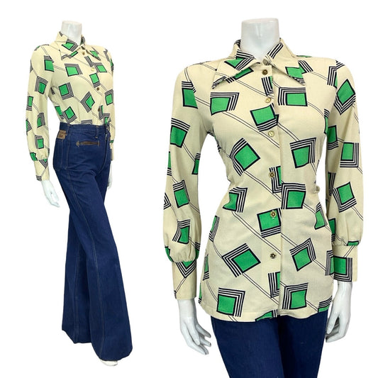 VTG 60S 70S CREAM GREEN BLUE GEOMETRIC SQUARE LINES DAGGER COLLAR SHIRT 12