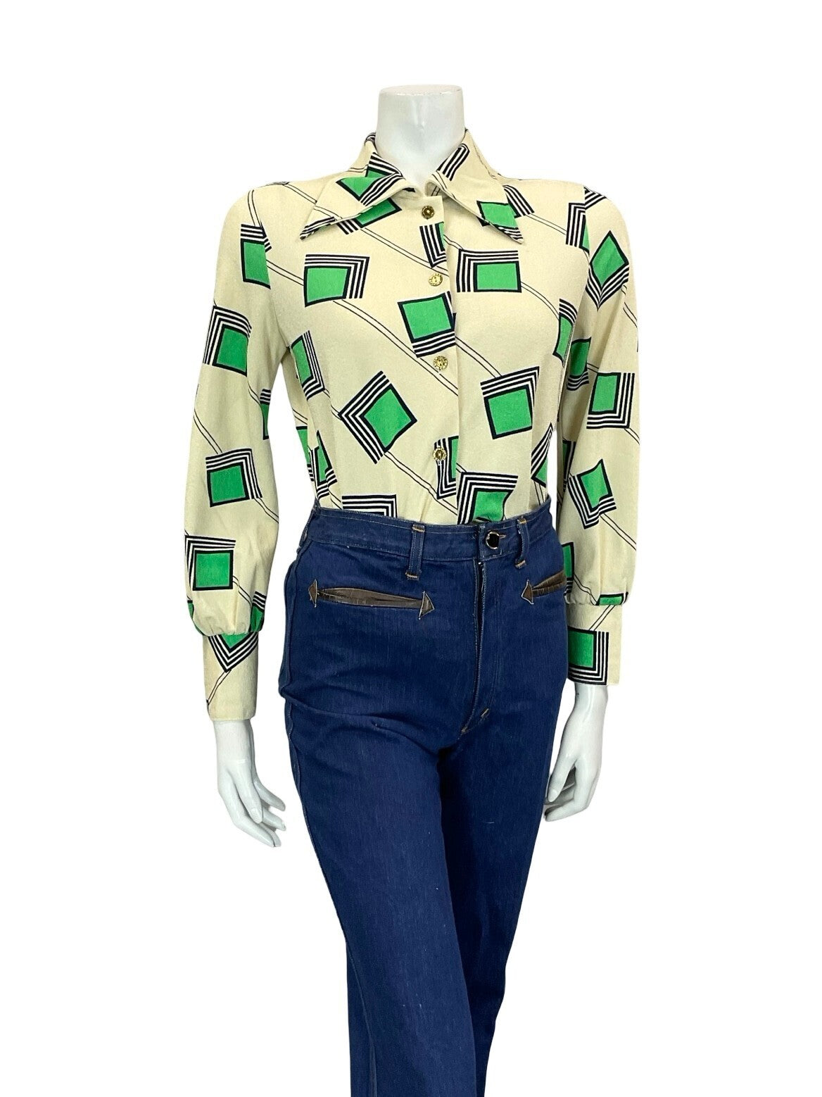 VTG 60S 70S CREAM GREEN BLUE GEOMETRIC SQUARE LINES DAGGER COLLAR SHIRT 12