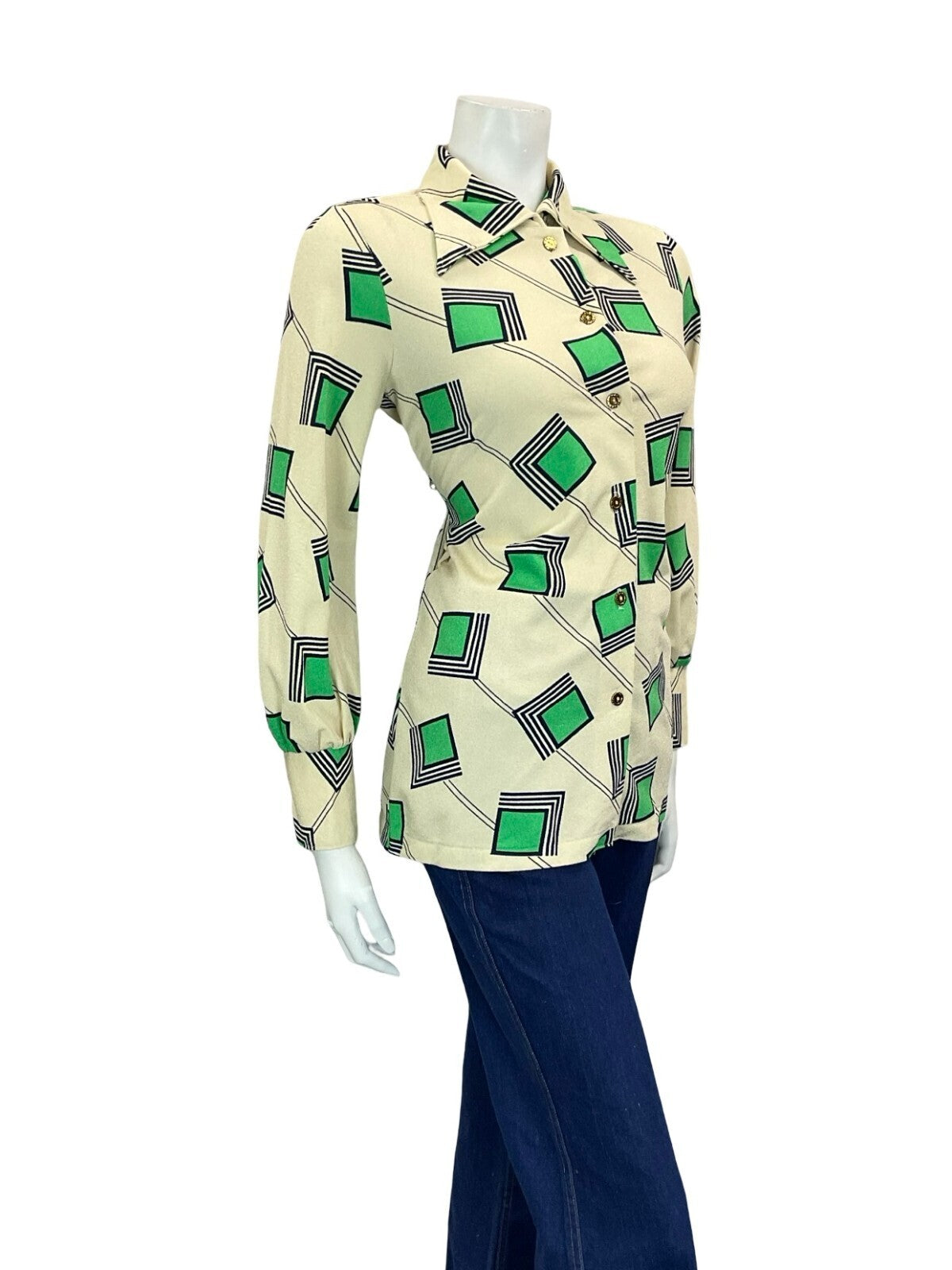 VTG 60S 70S CREAM GREEN BLUE GEOMETRIC SQUARE LINES DAGGER COLLAR SHIRT 12