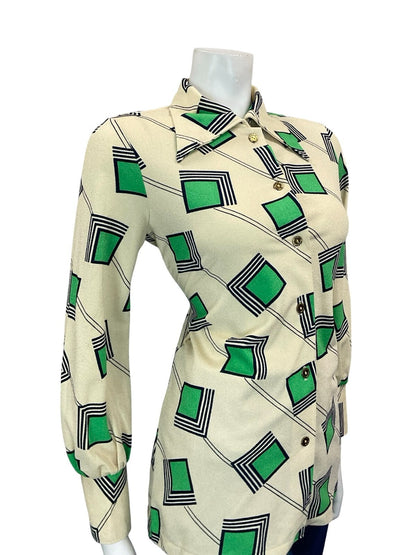 VTG 60S 70S CREAM GREEN BLUE GEOMETRIC SQUARE LINES DAGGER COLLAR SHIRT 12