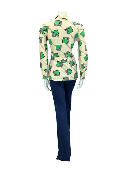 VTG 60S 70S CREAM GREEN BLUE GEOMETRIC SQUARE LINES DAGGER COLLAR SHIRT 12