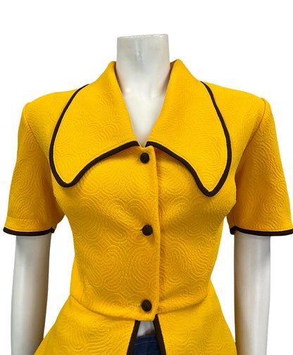 VTG 60S 70S TAILORED WAITRESS YELLOW BROWN DOG EAR CROPPED PEPLUM SHIRT 12