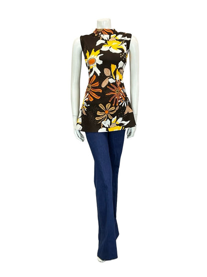 VTG 60S 70S MOD FLORAL BROWN YELLOW WHITE ORANGE PSYCHEDELIC TUNIC TOP 12 14