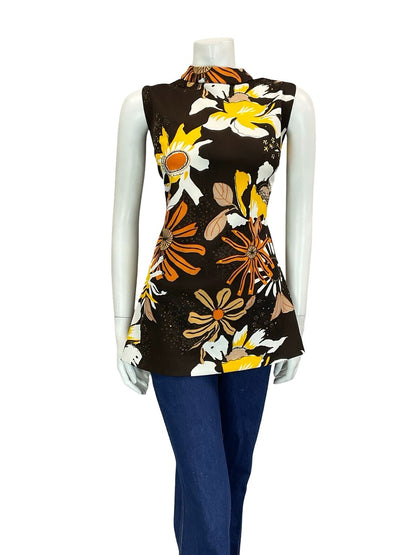 VTG 60S 70S MOD FLORAL BROWN YELLOW WHITE ORANGE PSYCHEDELIC TUNIC TOP 12 14