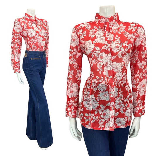 VTG 60S 70S PSYCHEDELIC BRIGHT RED WHITE FLORAL PETITE DAGGER COLLAR SHIRT 12