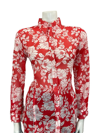 VTG 60S 70S PSYCHEDELIC BRIGHT RED WHITE FLORAL PETITE DAGGER COLLAR SHIRT 12
