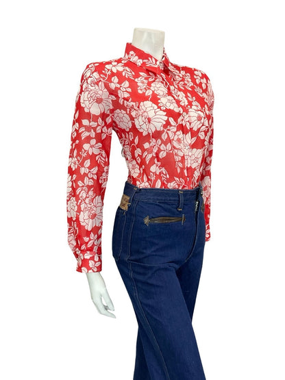VTG 60S 70S PSYCHEDELIC BRIGHT RED WHITE FLORAL PETITE DAGGER COLLAR SHIRT 12