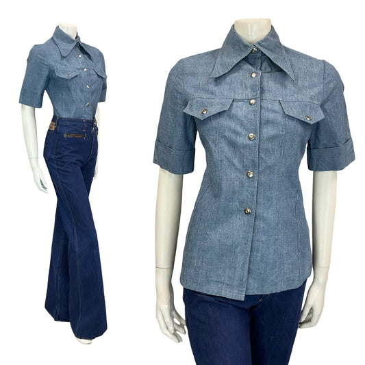 VTG 60S 70S LIGHT BLUE DAGGER COLLAR SHORT SLEEVE POPPER BUTTON DENIM SHIRT 6 XS