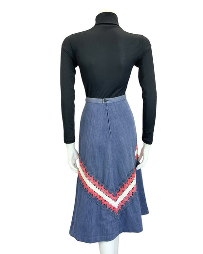 VTG 60S 70S BLUE RED WHITE DENIM CROCHETED A LINE BOHO HIPPY MIDI SKIRT 4