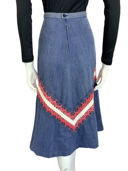 VTG 60S 70S BLUE RED WHITE DENIM CROCHETED A LINE BOHO HIPPY MIDI SKIRT 4