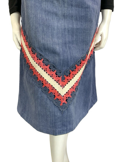 VTG 60S 70S BLUE RED WHITE DENIM CROCHETED A LINE BOHO HIPPY MIDI SKIRT 4