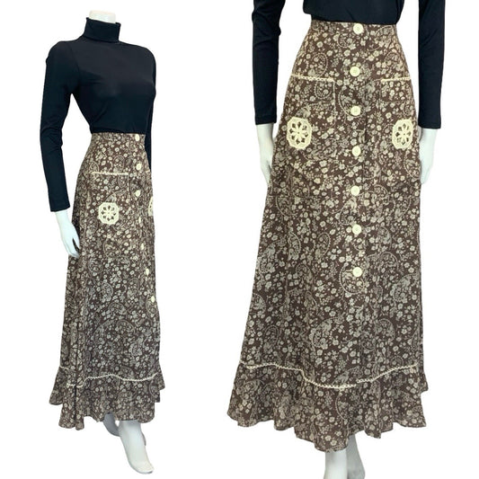 VTG 70S BROWN CREAM WHITE BOHO BETTY BARCLAY FLORAL SWIRL CROCHET MAXI SKIRT 6