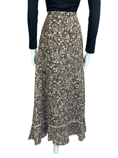 VTG 70S BROWN CREAM WHITE BOHO BETTY BARCLAY FLORAL SWIRL CROCHET MAXI SKIRT 6