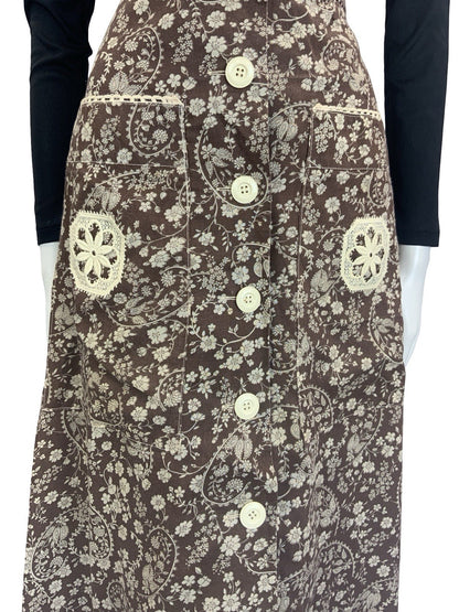 VTG 70S BROWN CREAM WHITE BOHO BETTY BARCLAY FLORAL SWIRL CROCHET MAXI SKIRT 6