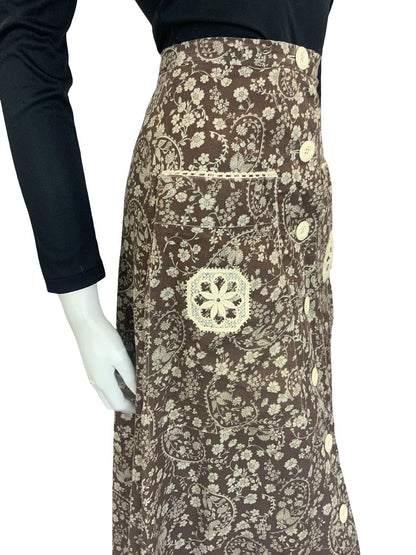 VTG 70S BROWN CREAM WHITE BOHO BETTY BARCLAY FLORAL SWIRL CROCHET MAXI SKIRT 6
