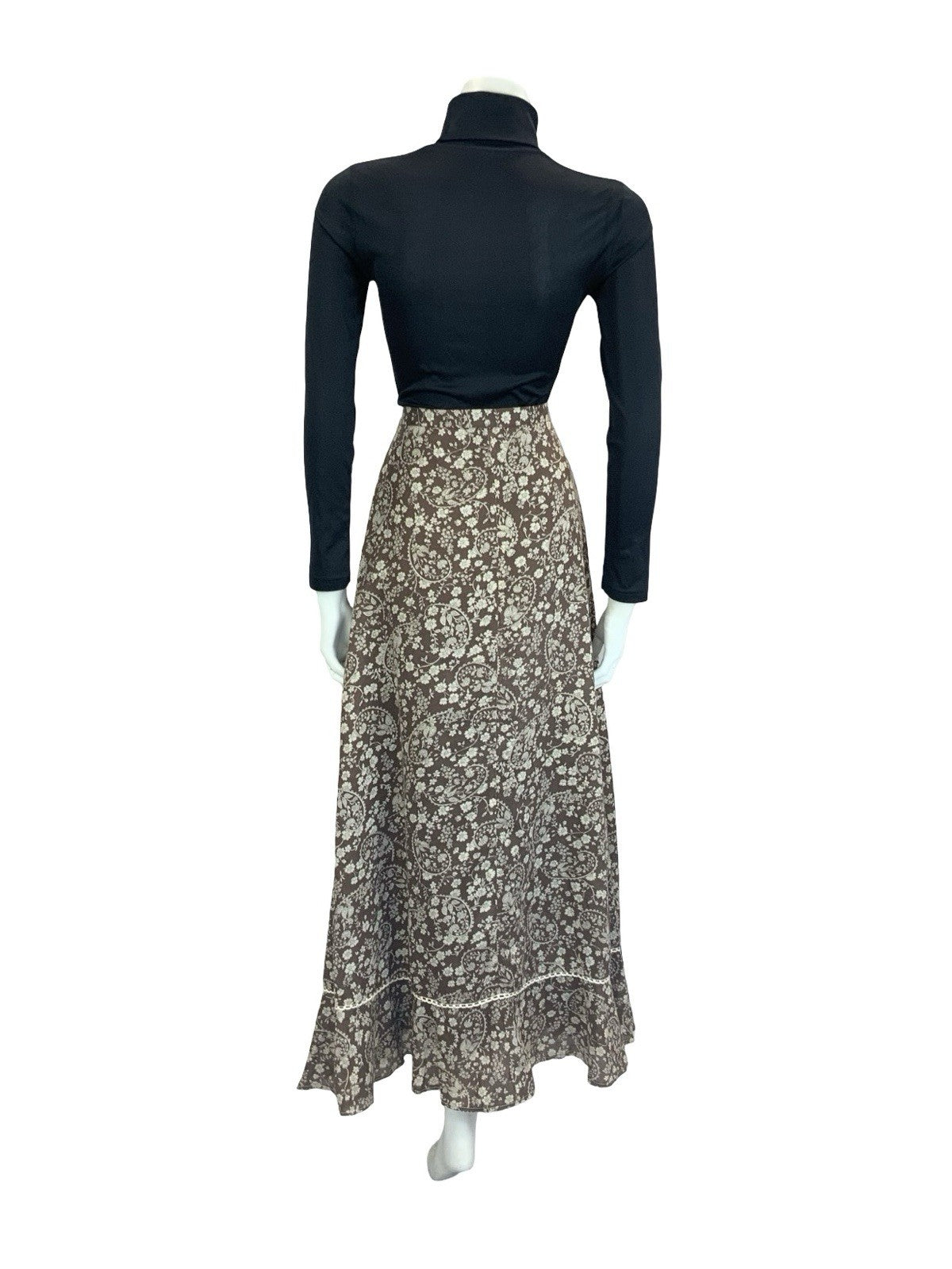 VTG 70S BROWN CREAM WHITE BOHO BETTY BARCLAY FLORAL SWIRL CROCHET MAXI SKIRT 6