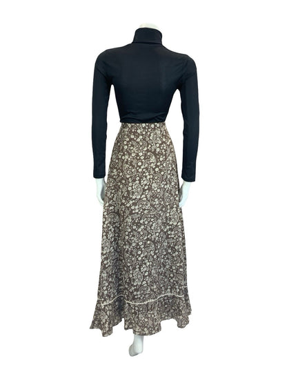VTG 70S BROWN CREAM WHITE BOHO BETTY BARCLAY FLORAL SWIRL CROCHET MAXI SKIRT 6
