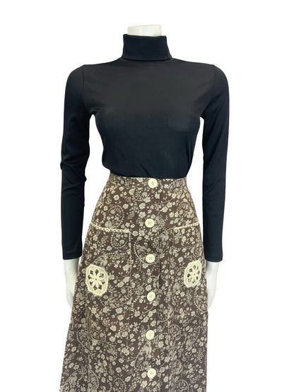 VTG 70S BROWN CREAM WHITE BOHO BETTY BARCLAY FLORAL SWIRL CROCHET MAXI SKIRT 6