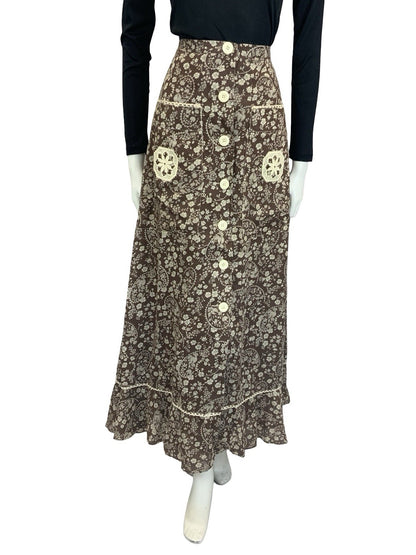 VTG 70S BROWN CREAM WHITE BOHO BETTY BARCLAY FLORAL SWIRL CROCHET MAXI SKIRT 6