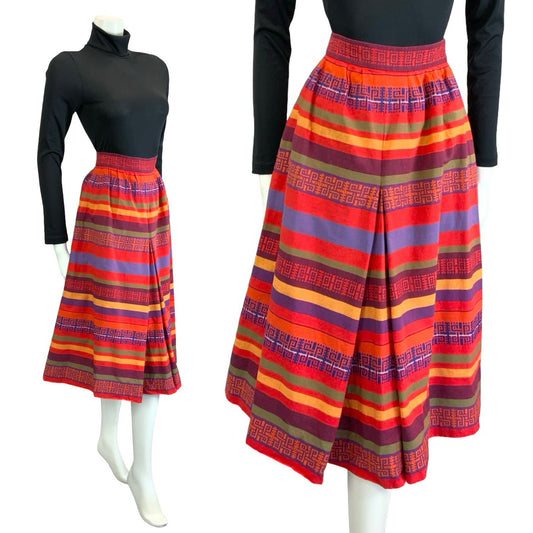 VTG 60S 70S RED YELLOW PUPRLE BLUE AZTEC GEOMETRIC EMBROIDERED MIDI SKIRT 4 6