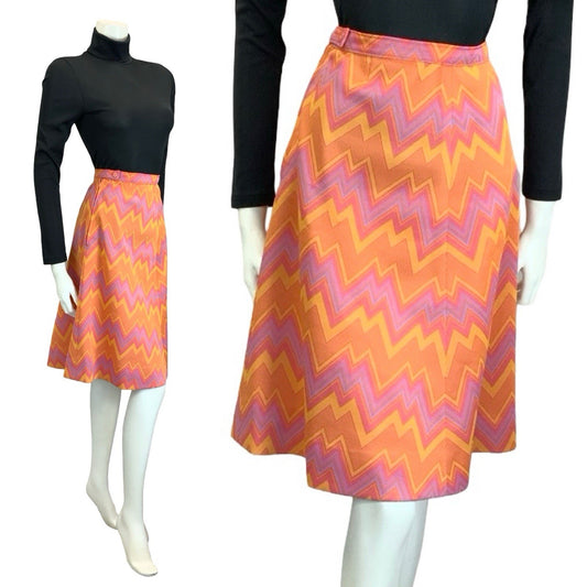 VTG 60S 70S PINK ORANGE PURPLE YELLOW GEOMETRIC ZIG ZAG CHEVRON A LINE SKIRT 12