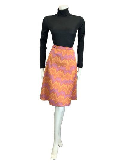 VTG 60S 70S PINK ORANGE PURPLE YELLOW GEOMETRIC ZIG ZAG CHEVRON A LINE SKIRT 12