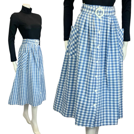 VTG 60S 70S BLUE WHITE GINGHAM BUTTON DOWN COTTAGE MIDI SKIRT 10 12 14 16