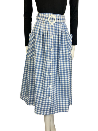 VTG 60S 70S BLUE WHITE GINGHAM BUTTON DOWN COTTAGE MIDI SKIRT 10 12 14 16