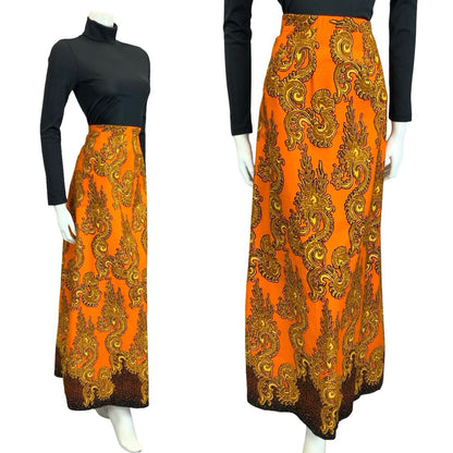 VTG 60S 70S ORANGE GOLD BLACK PSYCHEDELIC SWIRLING MAXI SKIRT 12