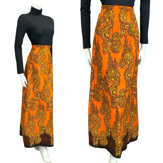 VTG 60S 70S ORANGE GOLD BLACK PSYCHEDELIC SWIRLING MAXI SKIRT 12