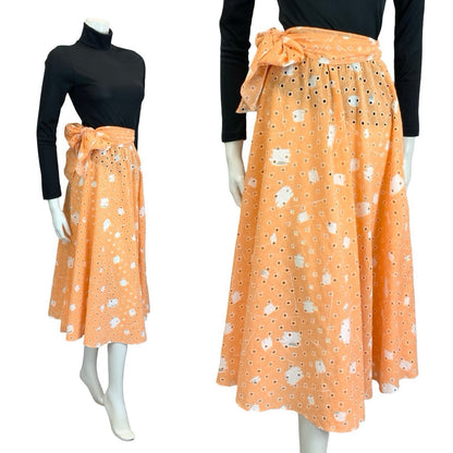 VTG 60S 70S PEACH ORANGE WHITE ANGLAISE GEOMETRIC TIE WAIST MIDI SKIRT 4