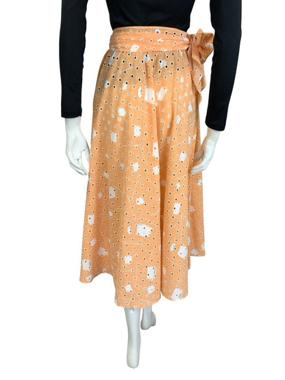 VTG 60S 70S PEACH ORANGE WHITE ANGLAISE GEOMETRIC TIE WAIST MIDI SKIRT 4
