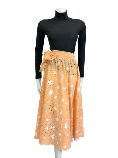 VTG 60S 70S PEACH ORANGE WHITE ANGLAISE GEOMETRIC TIE WAIST MIDI SKIRT 4