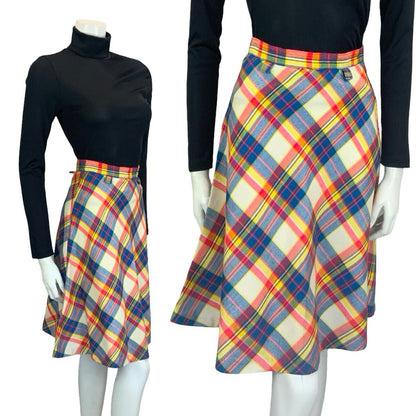 VTG 60S 70S SECRETARY CREAM BLUE PINK YELLOW PLAID CHECKED CIRCLE MIDI SKIRT 4