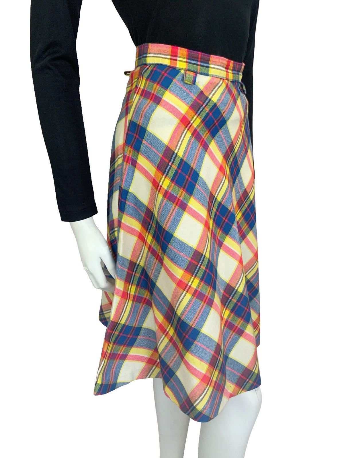 VTG 60S 70S SECRETARY CREAM BLUE PINK YELLOW PLAID CHECKED CIRCLE MIDI SKIRT 4