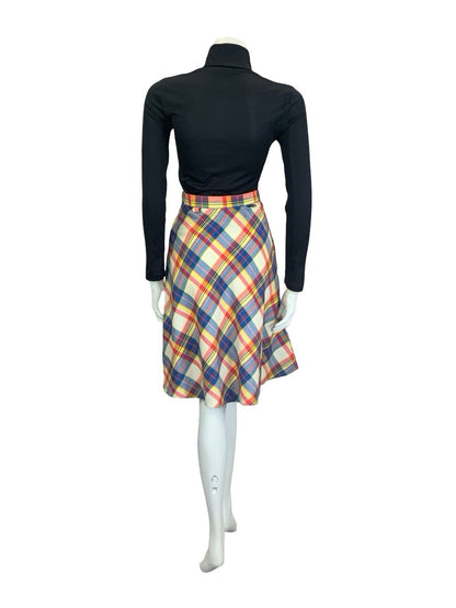 VTG 60S 70S SECRETARY CREAM BLUE PINK YELLOW PLAID CHECKED CIRCLE MIDI SKIRT 4