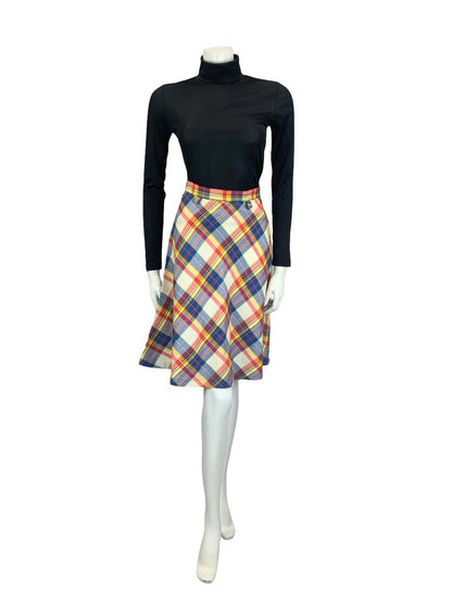 VTG 60S 70S SECRETARY CREAM BLUE PINK YELLOW PLAID CHECKED CIRCLE MIDI SKIRT 4