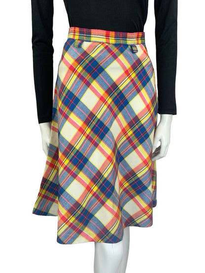 VTG 60S 70S SECRETARY CREAM BLUE PINK YELLOW PLAID CHECKED CIRCLE MIDI SKIRT 4