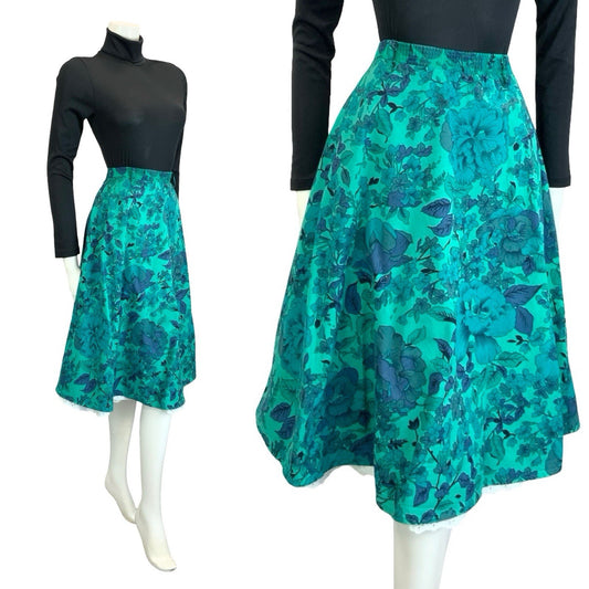 VTG 60S 70S BLUE GREEN WHITE FLORAL LACE ELASTICATED WAIST CIRCLE SKIRT 12